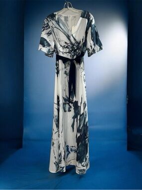 White & Navy Abstract Print Maxi Dress with Waist Tie